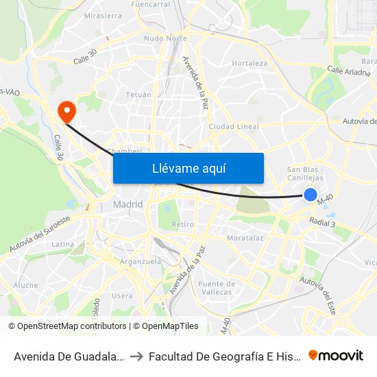 Avenida De Guadalajara to Facultad De Geografía E Historia map