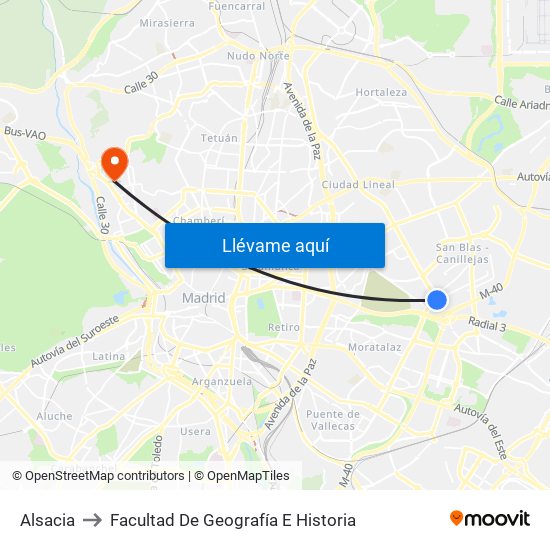 Alsacia to Facultad De Geografía E Historia map