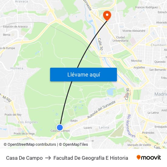 Casa De Campo to Facultad De Geografía E Historia map