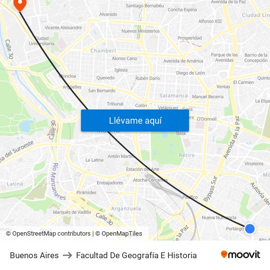 Buenos Aires to Facultad De Geografía E Historia map