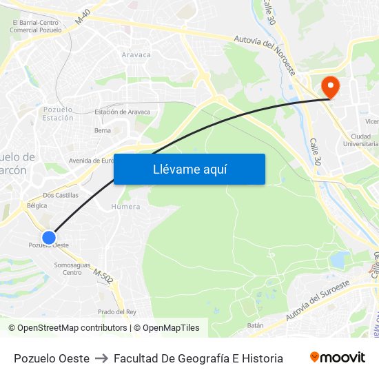 Pozuelo Oeste to Facultad De Geografía E Historia map