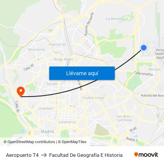 Aeropuerto T4 to Facultad De Geografía E Historia map