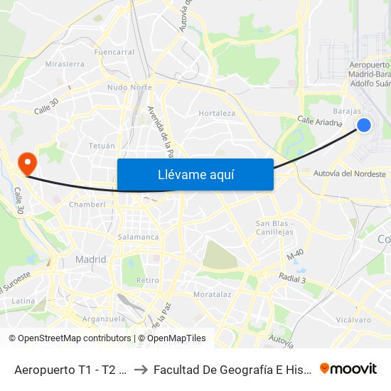 Aeropuerto T1 - T2 - T3 to Facultad De Geografía E Historia map