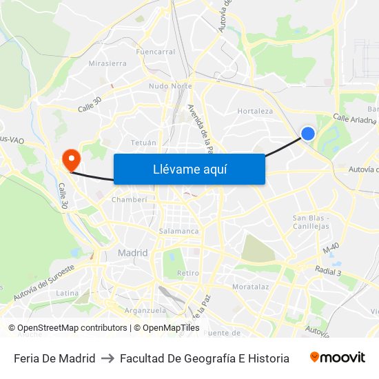 Feria De Madrid to Facultad De Geografía E Historia map