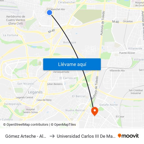Gómez Arteche - Alzina to Universidad Carlos III De Madrid map