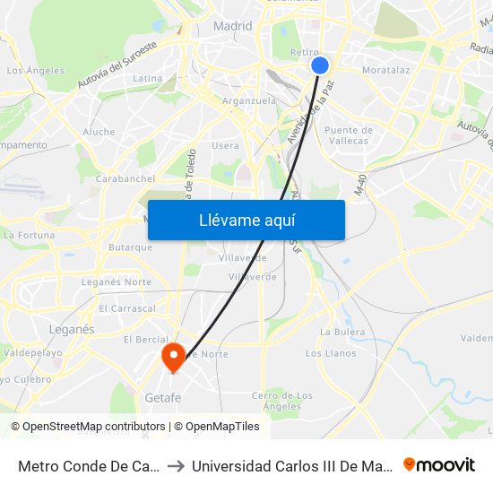 Metro Conde De Casal to Universidad Carlos III De Madrid map