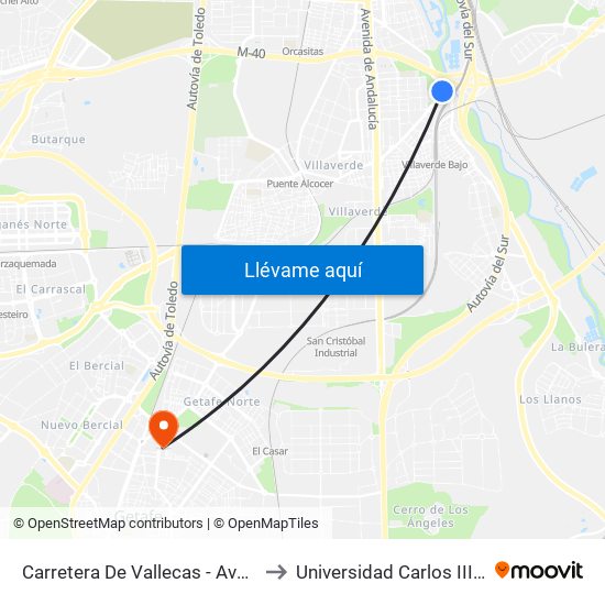 Carretera De Vallecas - Avenida Rosales to Universidad Carlos III De Madrid map