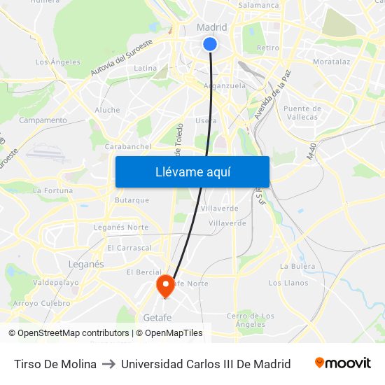 Tirso De Molina to Universidad Carlos III De Madrid map