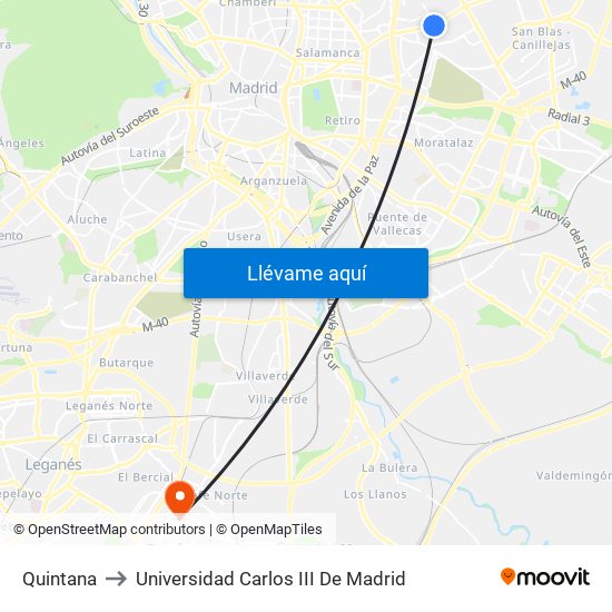 Quintana to Universidad Carlos III De Madrid map