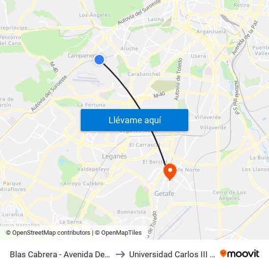 Blas Cabrera - Avenida De Las Águilas to Universidad Carlos III De Madrid map
