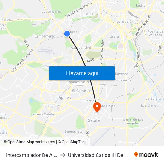 Intercambiador De Aluche to Universidad Carlos III De Madrid map