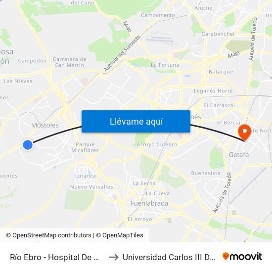 Río Ebro - Hospital De Móstoles to Universidad Carlos III De Madrid map