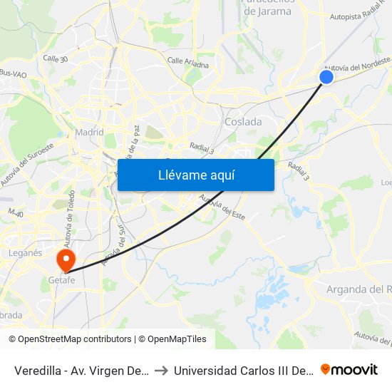 Veredilla - Av. Virgen De Loreto to Universidad Carlos III De Madrid map
