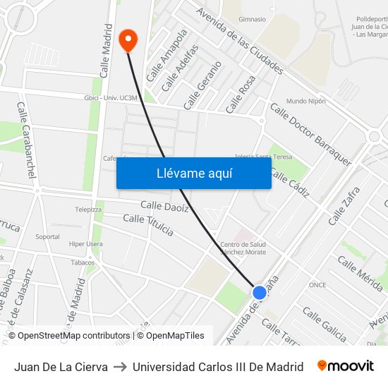 Juan De La Cierva to Universidad Carlos III De Madrid map