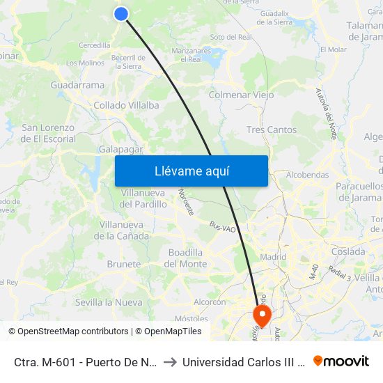 Ctra. M-601 - Puerto De Navacerrada to Universidad Carlos III De Madrid map