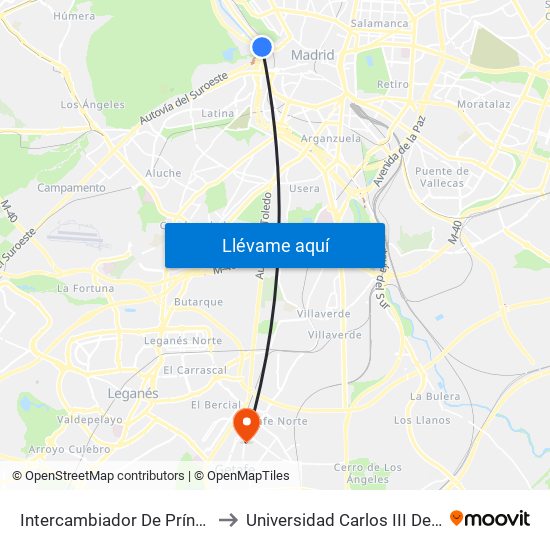 Intercambiador De Príncipe Pío to Universidad Carlos III De Madrid map