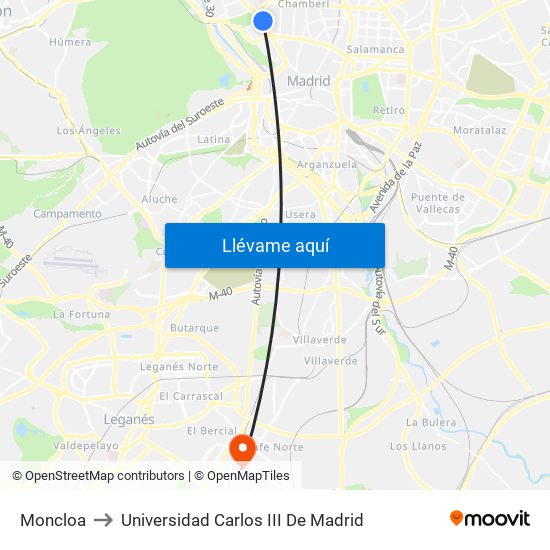 Moncloa to Universidad Carlos III De Madrid map