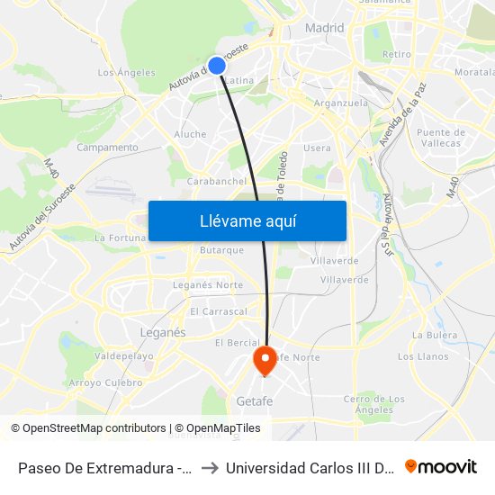 Paseo De Extremadura - El Greco to Universidad Carlos III De Madrid map