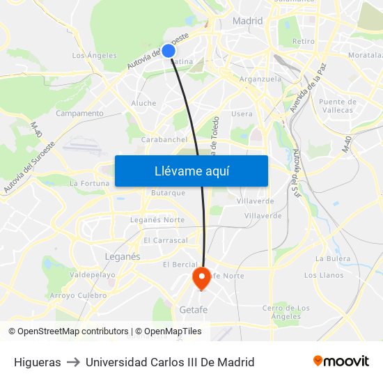 Higueras to Universidad Carlos III De Madrid map