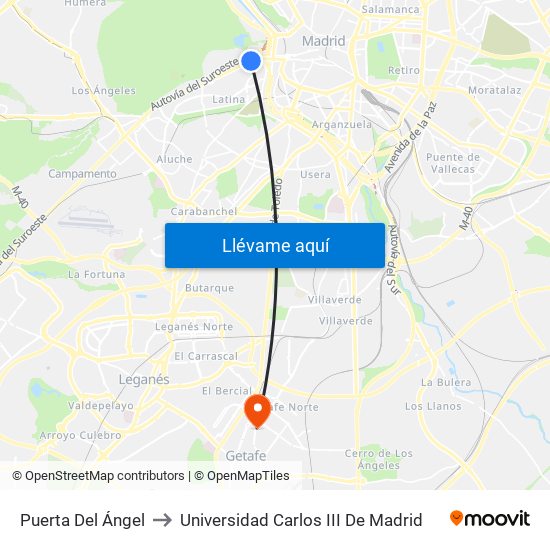 Puerta Del Ángel to Universidad Carlos III De Madrid map