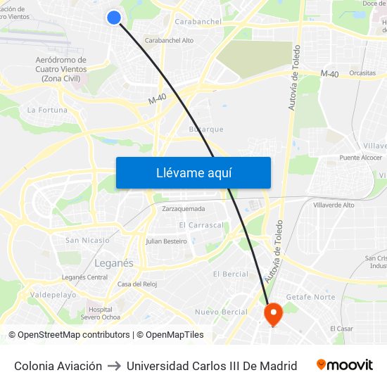 Colonia Aviación to Universidad Carlos III De Madrid map