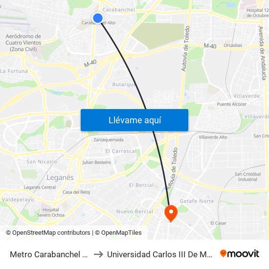 Metro Carabanchel Alto to Universidad Carlos III De Madrid map