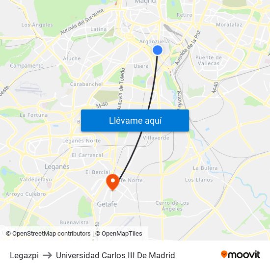 Legazpi to Universidad Carlos III De Madrid map