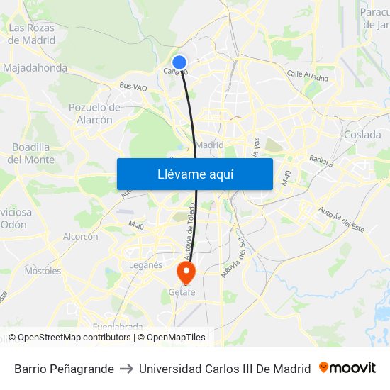 Barrio Peñagrande to Universidad Carlos III De Madrid map