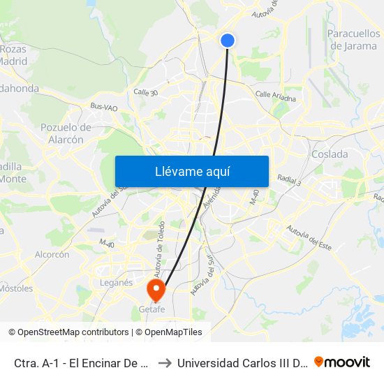 Ctra. A-1 - El Encinar De Los Reyes to Universidad Carlos III De Madrid map