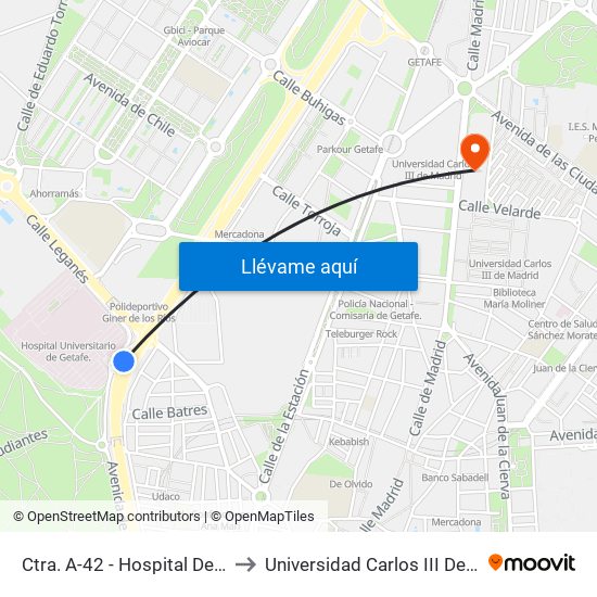 Ctra. A-42 - Hospital De Getafe to Universidad Carlos III De Madrid map