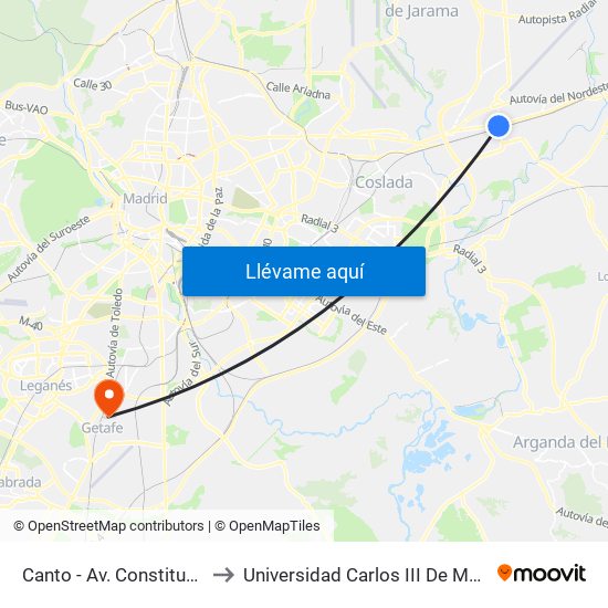 Canto - Av. Constitución to Universidad Carlos III De Madrid map