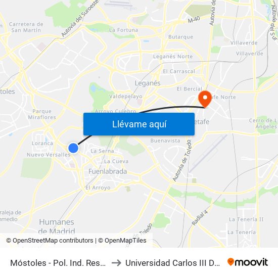 Móstoles - Pol. Ind. Restaurante to Universidad Carlos III De Madrid map