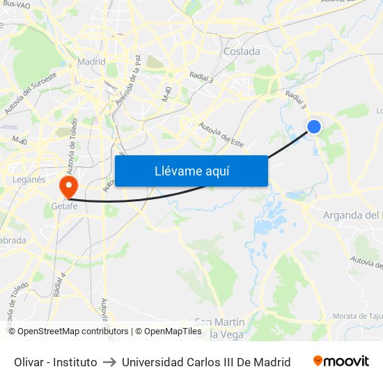 Olivar - Instituto to Universidad Carlos III De Madrid map