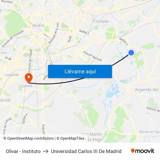Olivar - Instituto to Universidad Carlos III De Madrid map