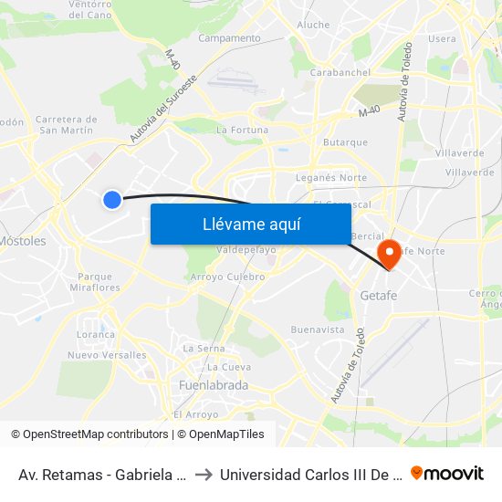 Av. Retamas - Gabriela Mistral to Universidad Carlos III De Madrid map