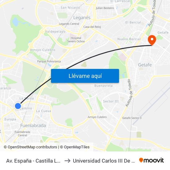 Av. España - Castilla La Vieja to Universidad Carlos III De Madrid map