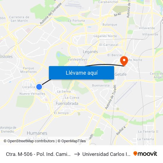 Ctra. M-506 - Pol. Ind. Camino De La Carrera to Universidad Carlos III De Madrid map