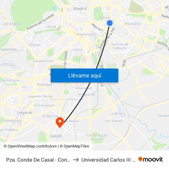 Pza. Conde De Casal - Conde De Casal to Universidad Carlos III De Madrid map