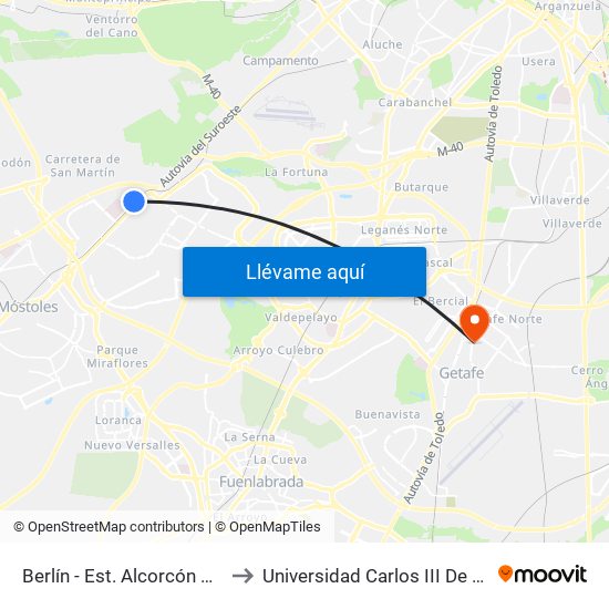 Berlín - Est. Alcorcón Central to Universidad Carlos III De Madrid map