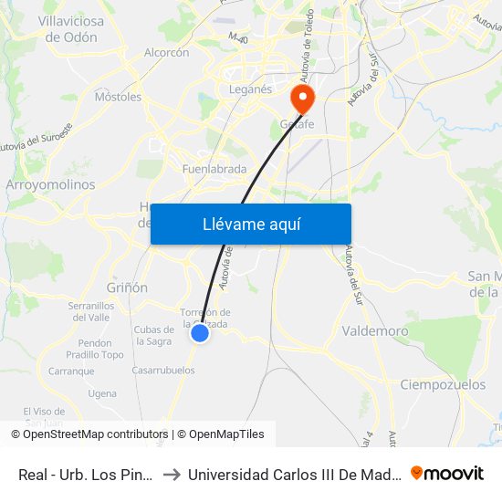 Real - Urb. Los Pinos to Universidad Carlos III De Madrid map