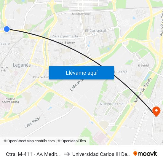 Ctra. M-411 - Av. Mediterráneo to Universidad Carlos III De Madrid map