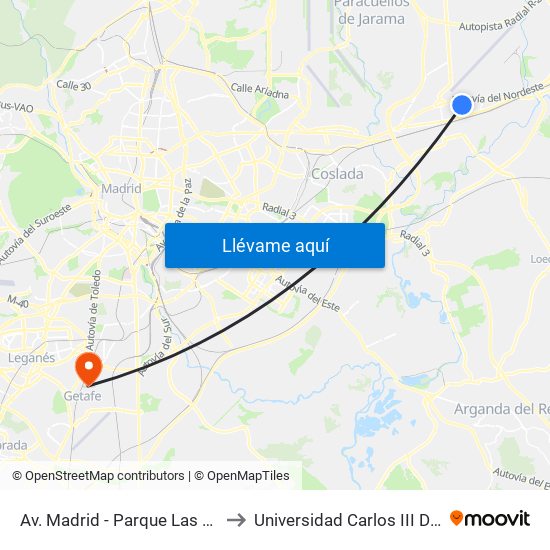 Av. Madrid - Parque Las Veredillas to Universidad Carlos III De Madrid map