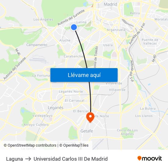 Laguna to Universidad Carlos III De Madrid map