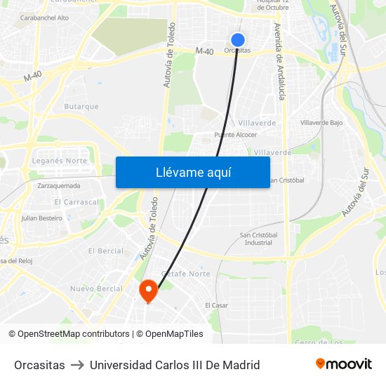 Orcasitas to Universidad Carlos III De Madrid map