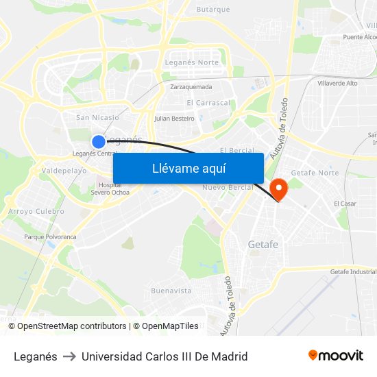 Leganés to Universidad Carlos III De Madrid map