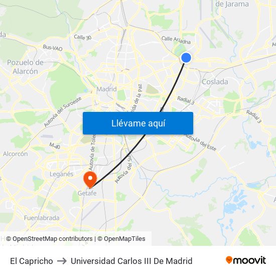 El Capricho to Universidad Carlos III De Madrid map