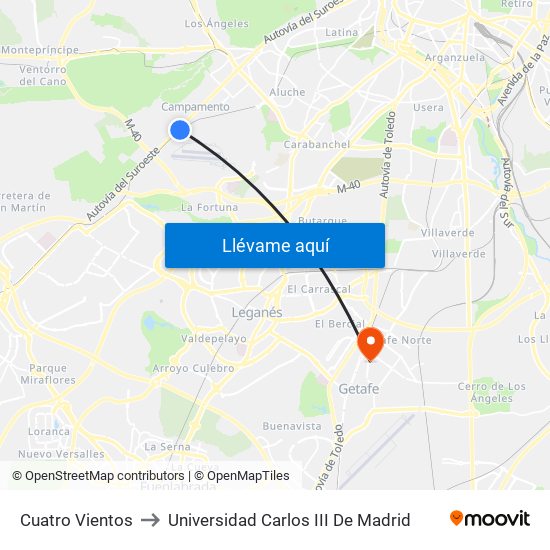 Cuatro Vientos to Universidad Carlos III De Madrid map