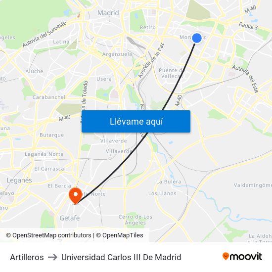 Artilleros to Universidad Carlos III De Madrid map