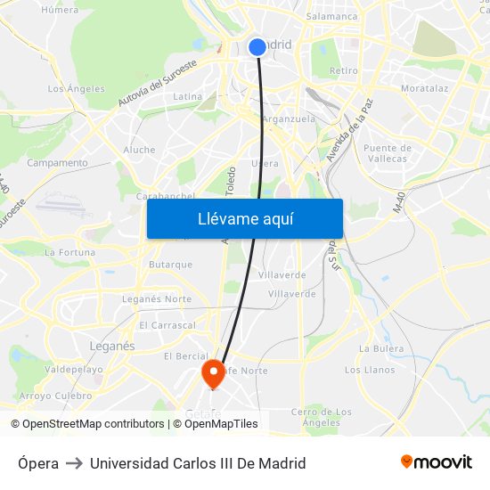 Ópera to Universidad Carlos III De Madrid map