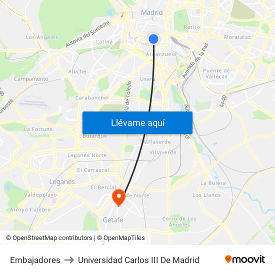 Embajadores to Universidad Carlos III De Madrid map